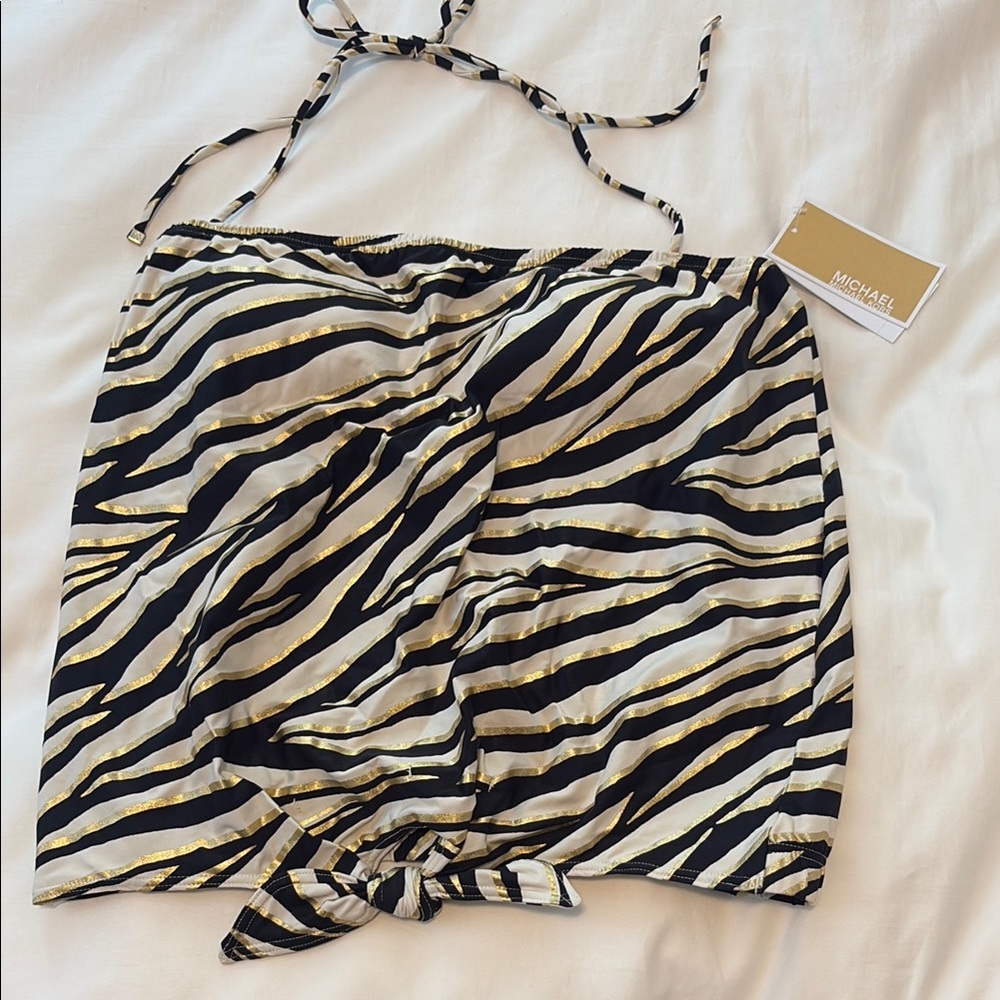 Michael Kors Black and Gold Zebra Halter Swim Top